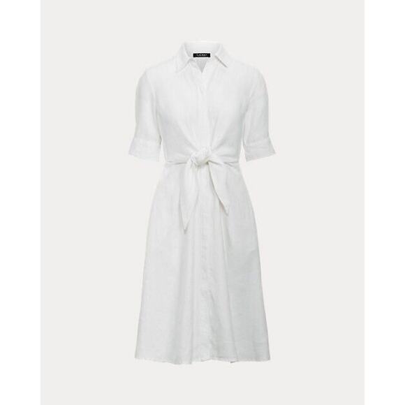 LAUREN RALPH LAUREN 100% Linen Fit & Flare Shirtdress 20W White Pockets NWT - Picture 2 of 10